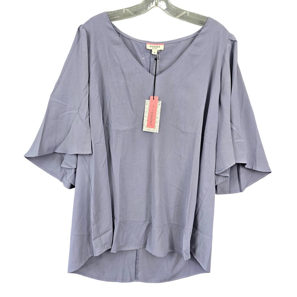 Andree By Unit Purple Shirt NEW Plus Size 1X Short Bell Sleeves V-Neck Women Top